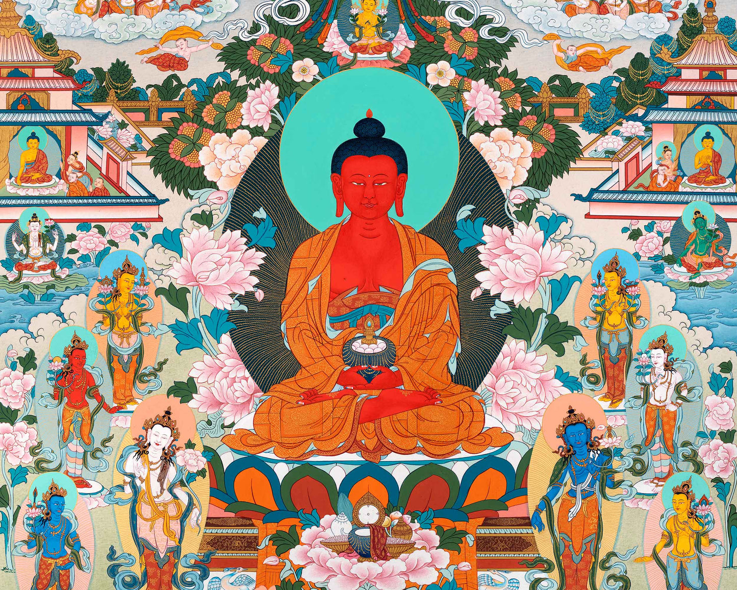 Amitabha Buddha Pure Land Thangka | Tibetan Thangka Hand painted in Enlightenment Studio