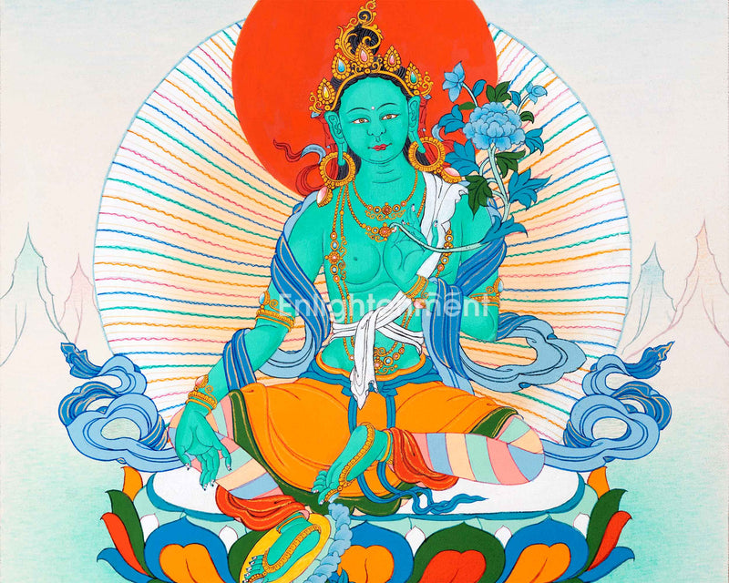 Sacred Art of Tara Goddess | Tibetan Green Tara Thangka | Religious Hand Painted Artwork