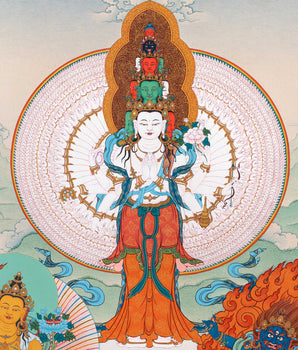 1000 Armed Chenrezig With Manjushri, Vajrapani and Amitabha | Thangka Print