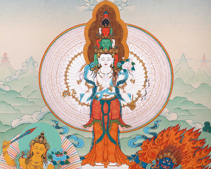 1000 Armed Chenrezig With Manjushri, Vajrapani and Amitabha | Thangka Print