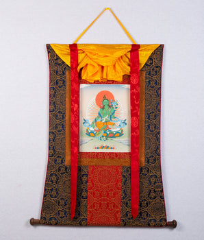 Green Tara | Himalayan Buddhist Thangka | Tibetan Painting (with Brocade)