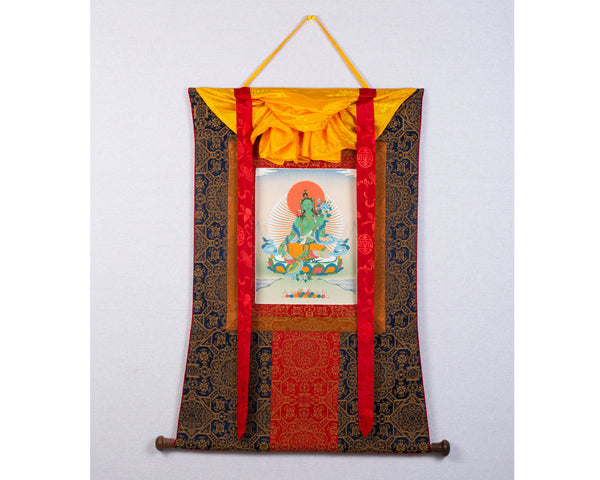 Green Tara | Himalayan Buddhist Thangka | Tibetan Painting (with Brocade)