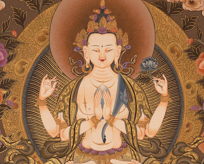 4Armed Chengrezig Thangka | Traditional Buddhist Painting