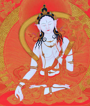 Tibetan White Tara Thangka | Tara In Red and Gold