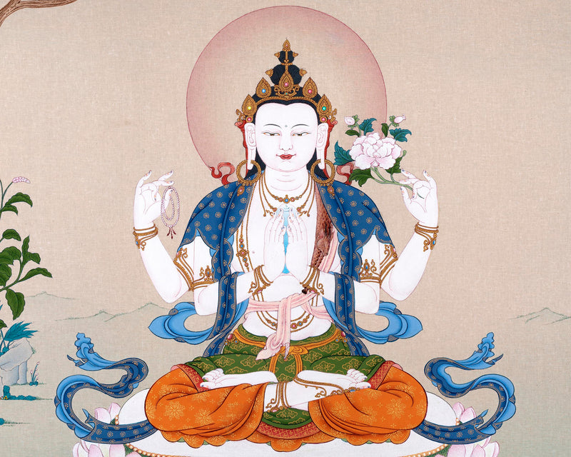 Four-Armed Chenrezig Thangka | Himalayan Bodhisattva Painting