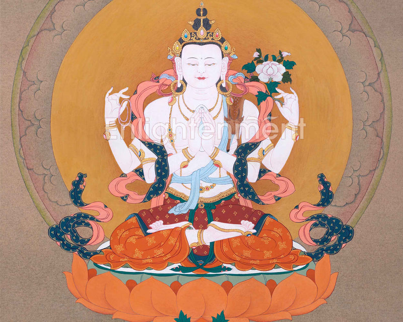 Traditional Tibetan Thangka For Chenrezig Mantra Practice | The Bodhisattva Of Compassion Art On Cotton Cavnas