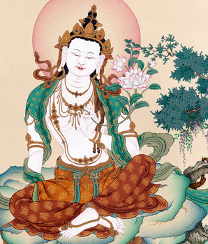 Chenrezig Thangka | 2 Armed Avalokiteshvara in Natural Stone Colors and 24K gold