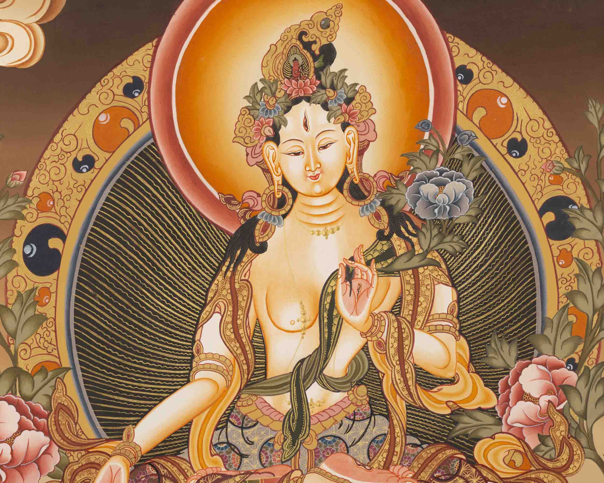 Female Bodhisattva Art | White Tara Thangka | Religious Wall Decors