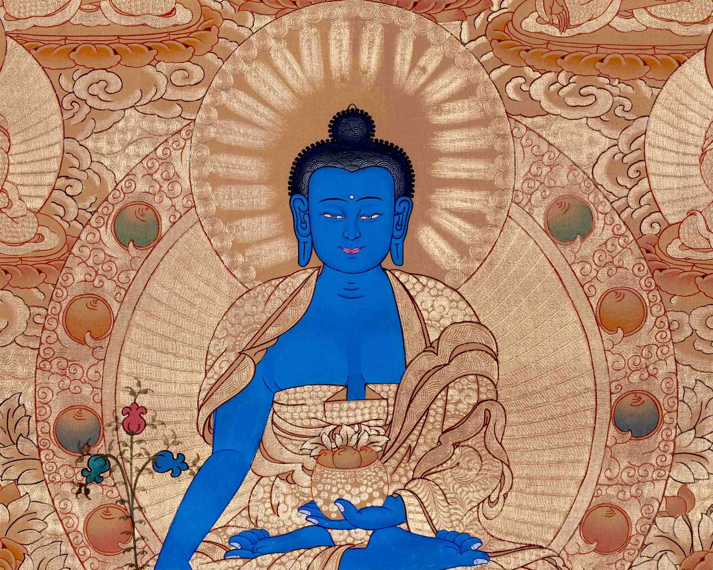 24K Gold Style Medicine Buddha Thangka | Meditation Altar