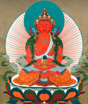 Himalayan Amitayus Long Life Practice Thangka | Buddha Amitayus With White Tara and Namgyalma