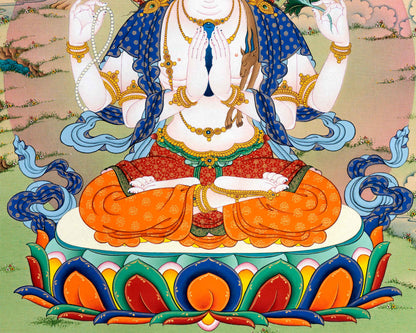 Chenrezig's Thangka Print for Inner Tranquility | The Bodhisattva of Compassion | Art Illuminating Your Space