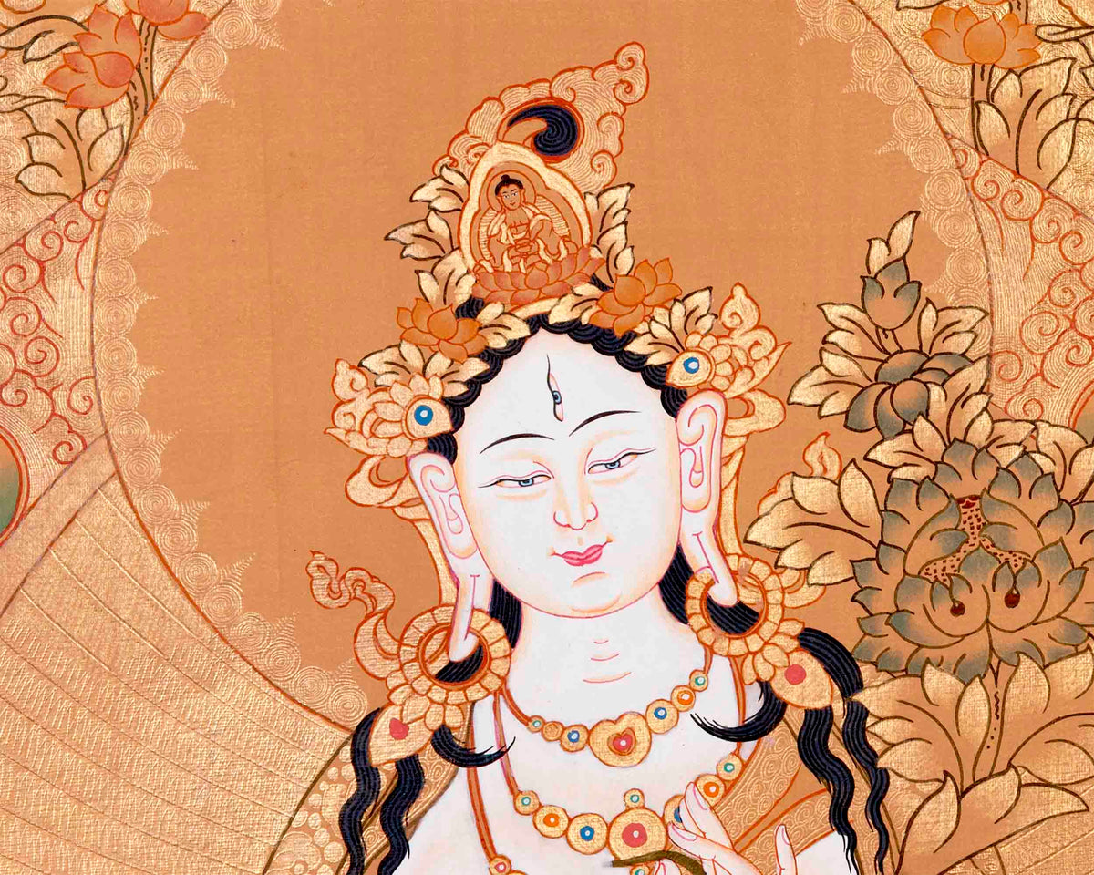 Tibetan White Tara Thangka | Wall Hanging Meditation and Yoga Art
