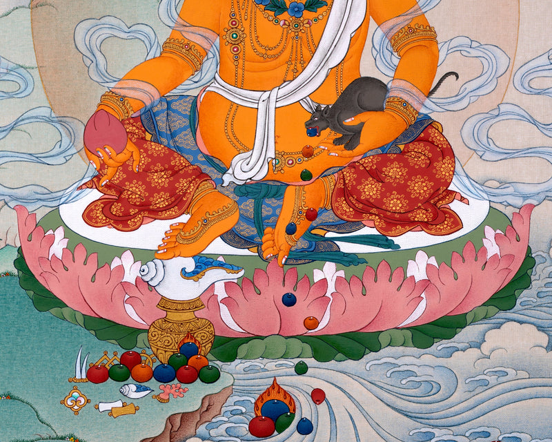 Yellow Jambhala Thangka | Dzambhala Painting | Hand-painted Buddhist Wealth Deity