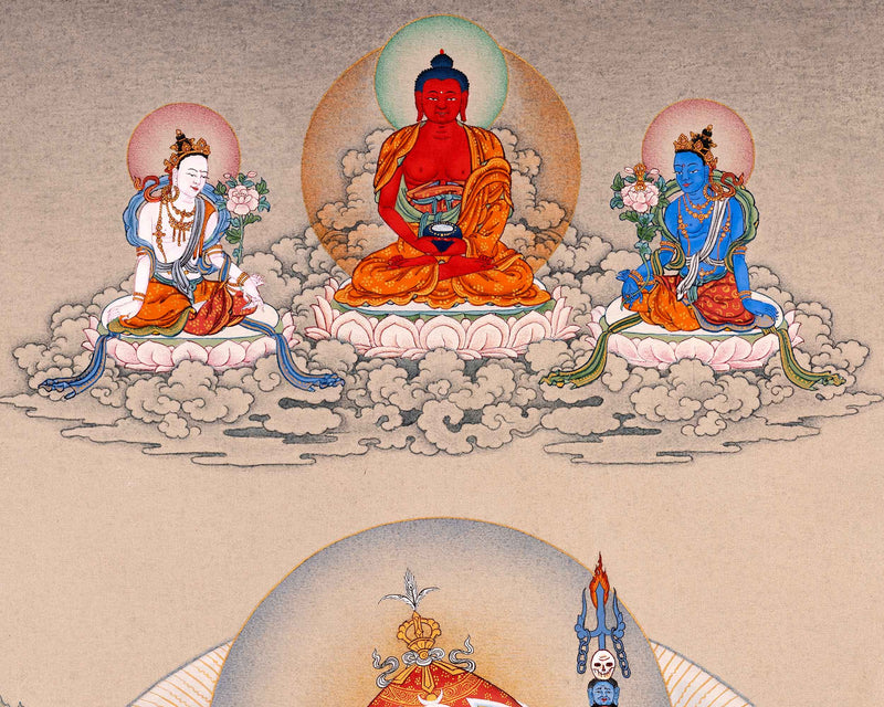 Padmasambhava Painting | Guru Rinpoche with Consorts and Amitabha Buddha