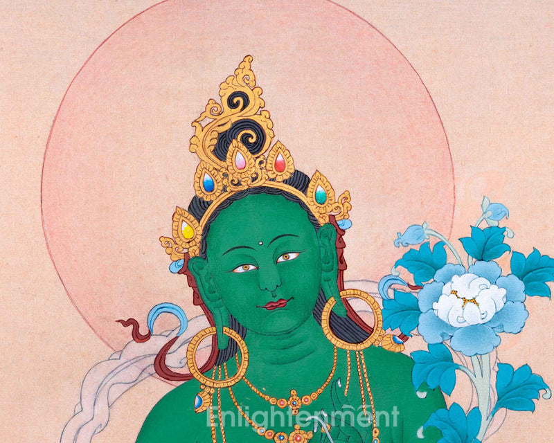 Beautiful Mother Green Tara Thangka For Mindfulness | Traditional Himalayan Thangka Painting For Ritual Practice