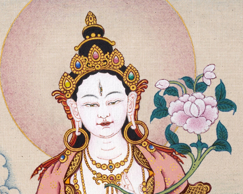 White Tara Thangka | Tibetan Tara Painting (includes Brocade)