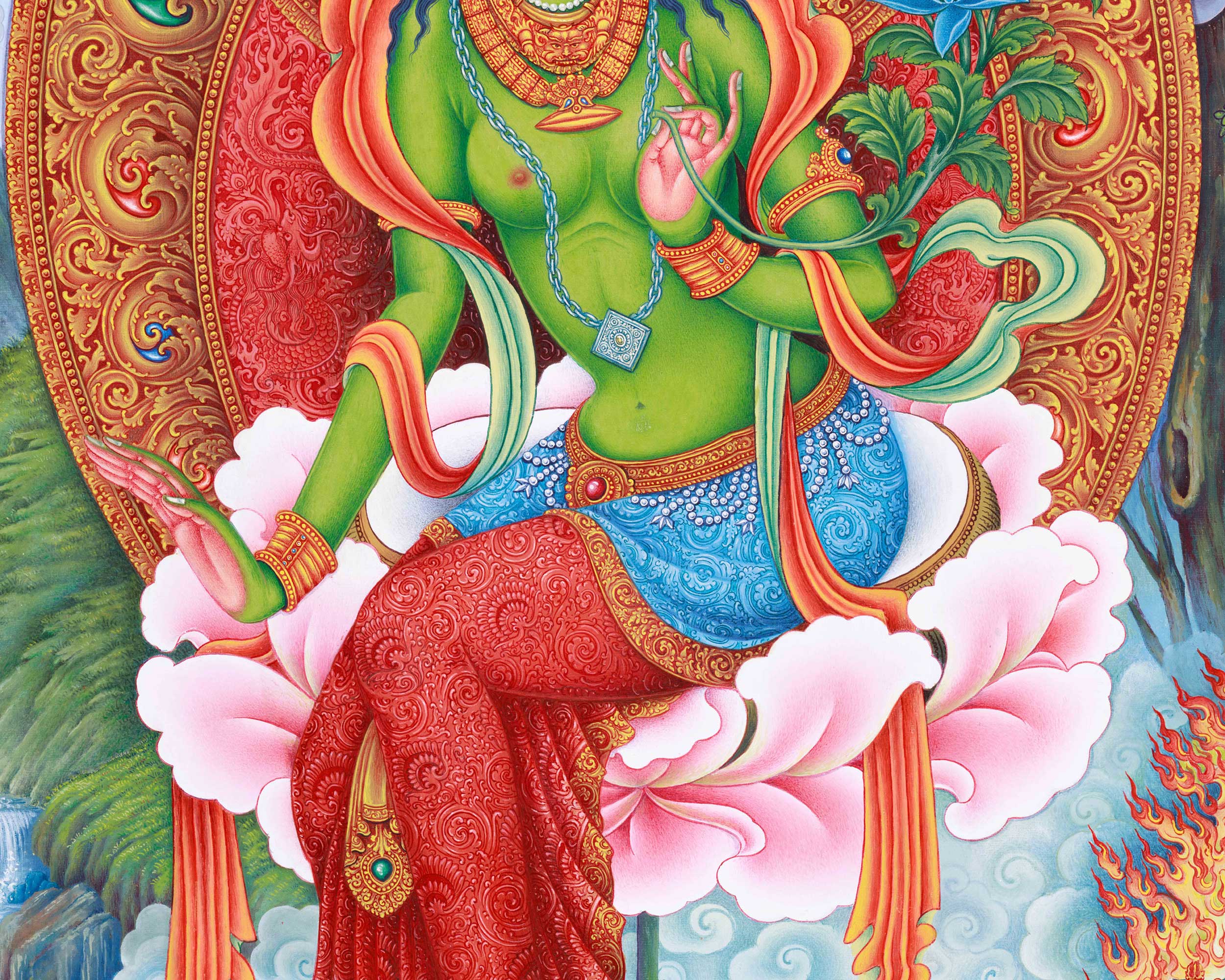 Jetsun Dolma Thangka Print | Goddess Green Tara Art Print | Traditional Wall Decors