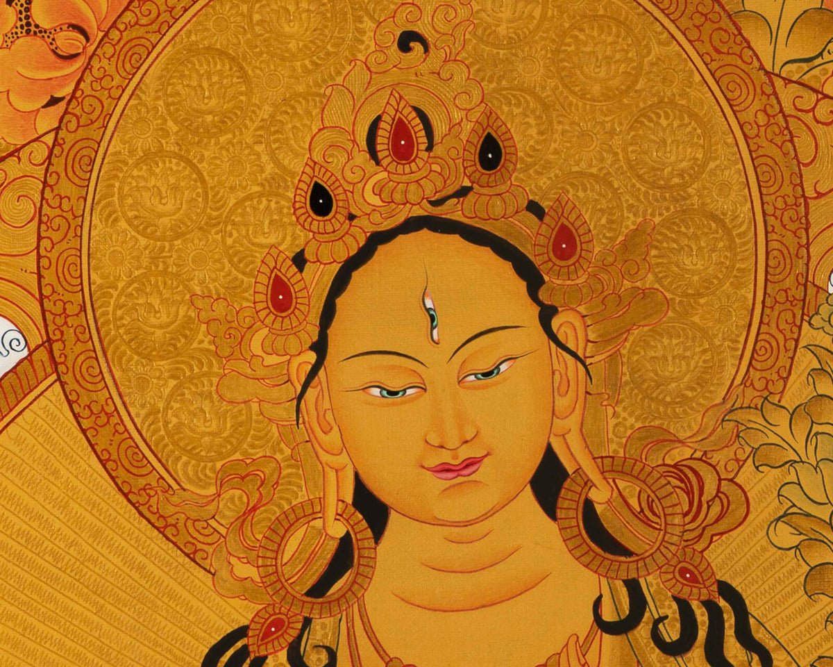 Medium Size White Tara | 24k Gold Painted Bodhisattva Painting