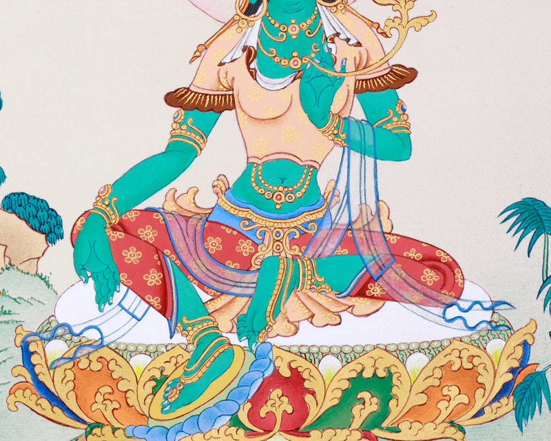 Green Tara Sacred Art | Hand Painted Divine Harmony Thangka | The Goddess of Healing