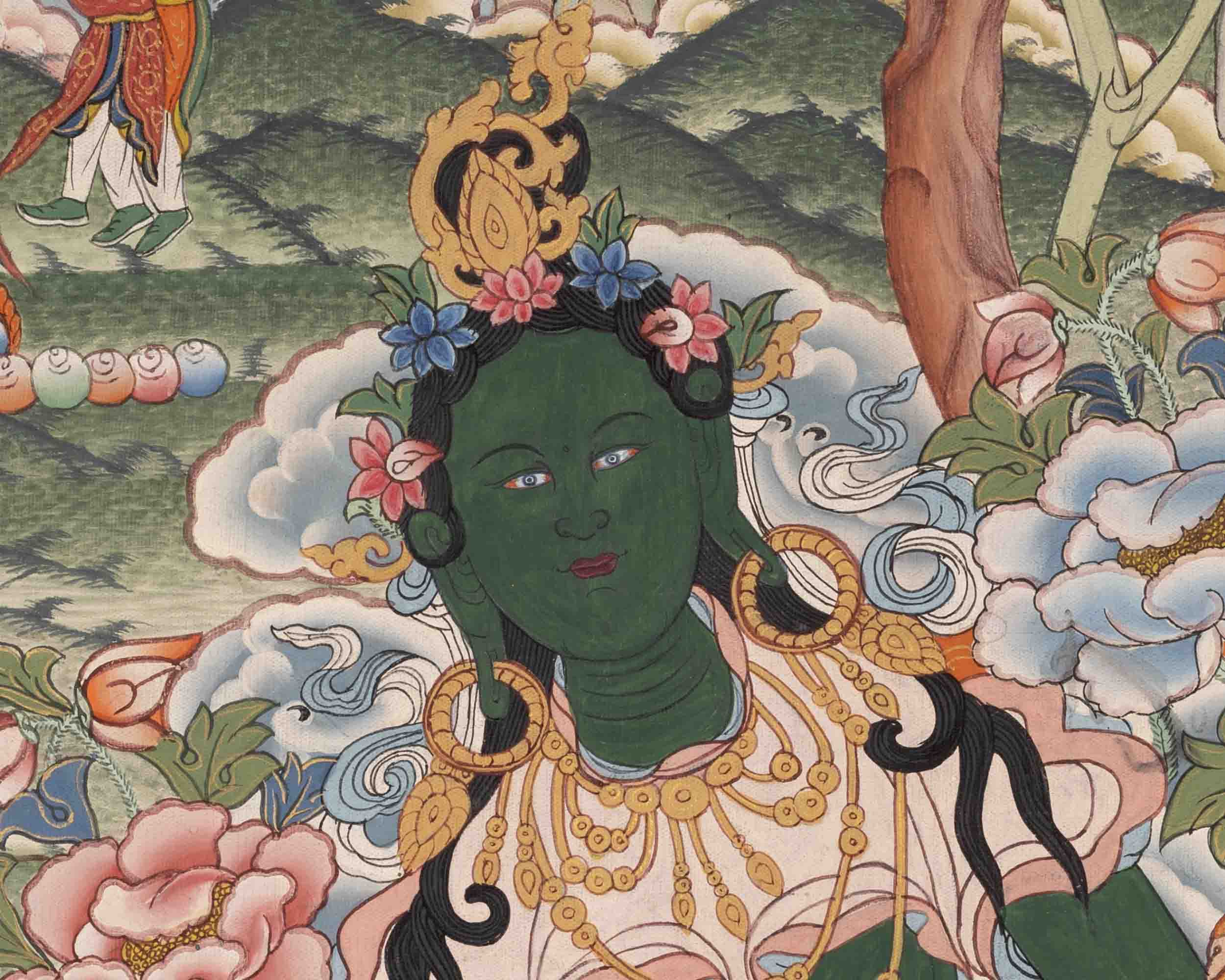 Healing Green Tara Thangka | Healing Female Deity Painting | Wall Decors