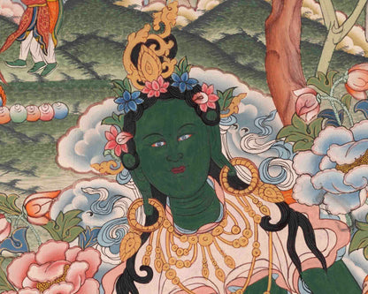 Healing Green Tara Thangka | Healing Female Deity Painting | Wall Decors