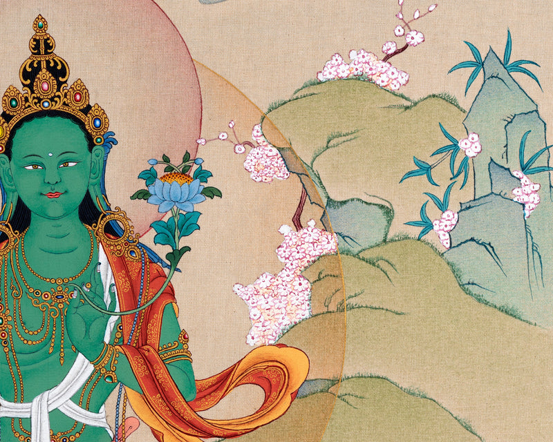 Green Tara Thangka | Tibetan Mother Tara | Natural Stone Colors and 24K Gold