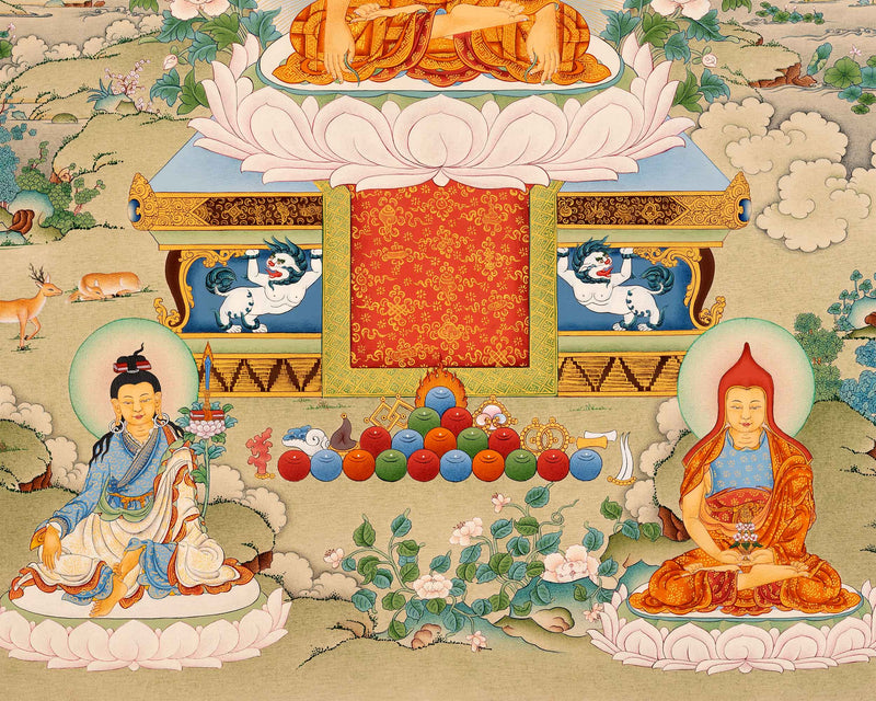 Guru Longchenpa Mantra Thangka With Jigme Lingpa and Vimalamitra | Hand-painted Buddhist Guru Art