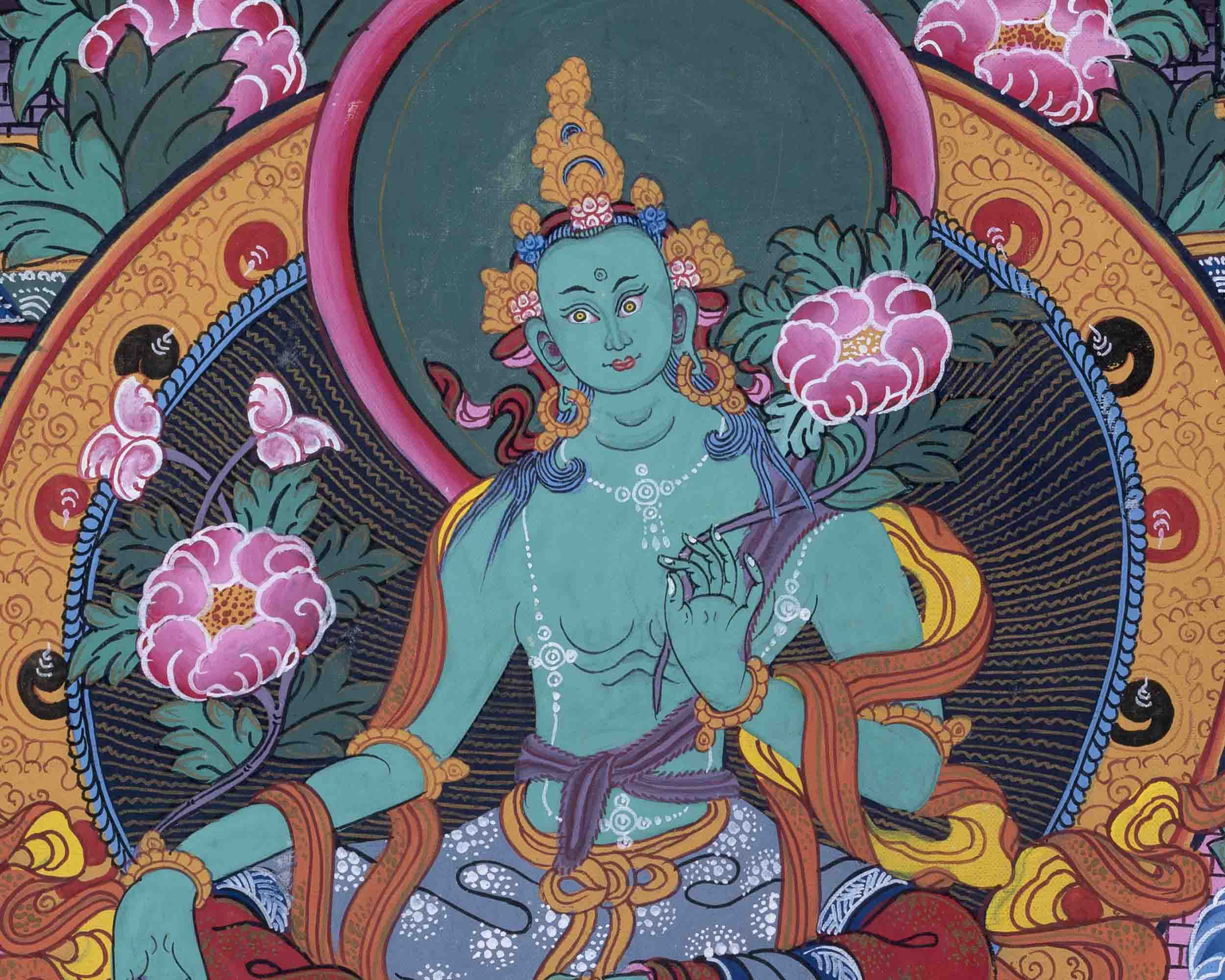 Old Green Tara Thangka | Traditional Handpainted Artwork | Wall Decors