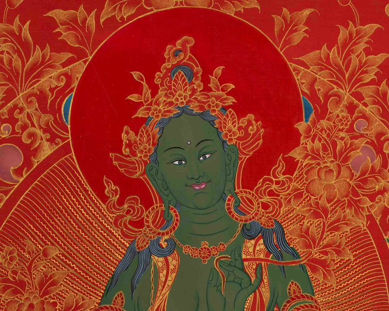 24K Gold Green Tara Thangka | Traditional Tibetan Painting | Wall Decors