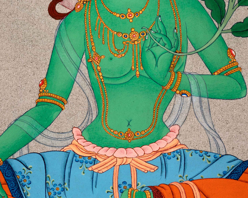 Mother Green Tara's Grace in Artistry | Traditional Thangka Painting | Religious Decors