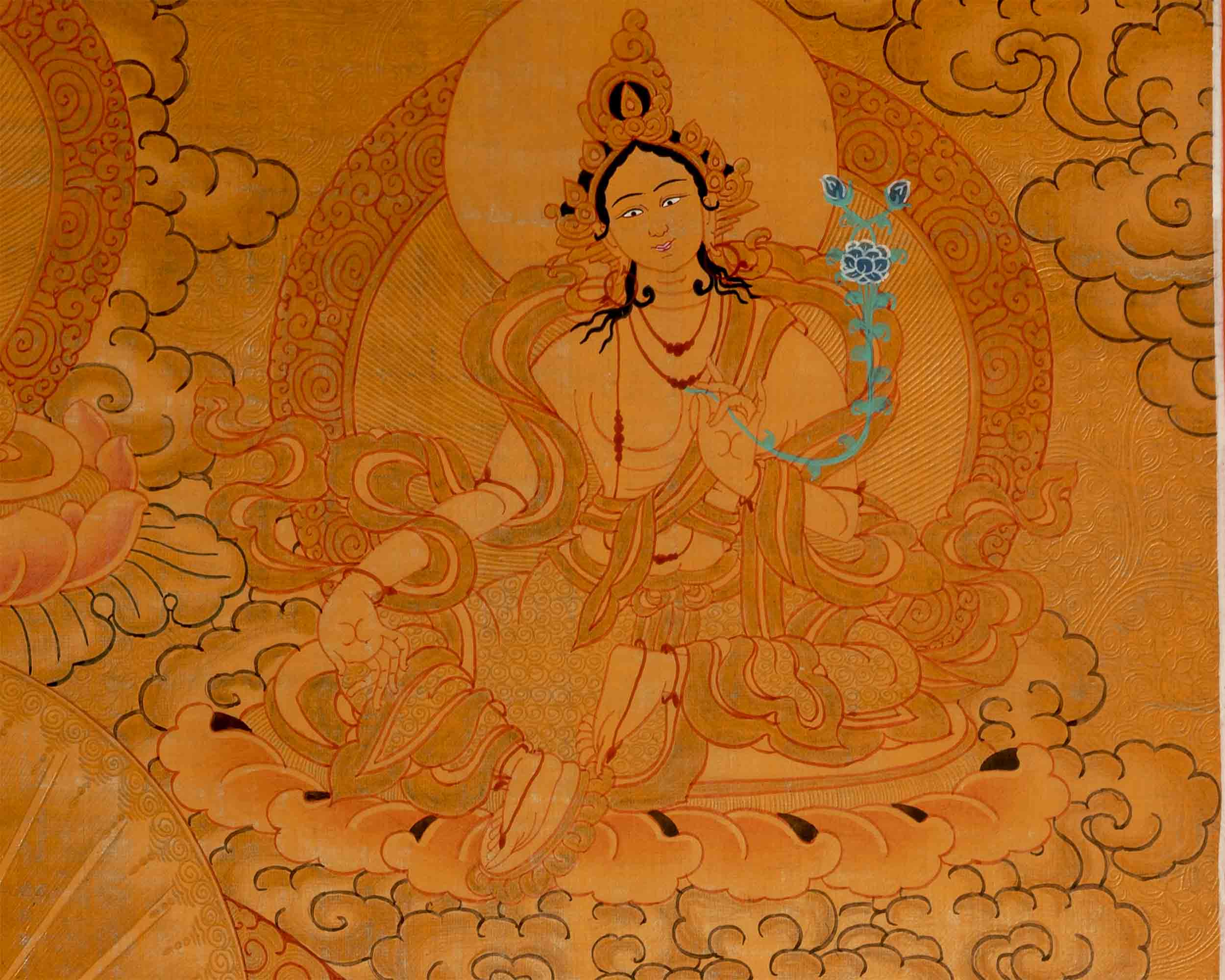 Gold Manjushri Thangka | Tibetan Buddhist Wall Decor Art