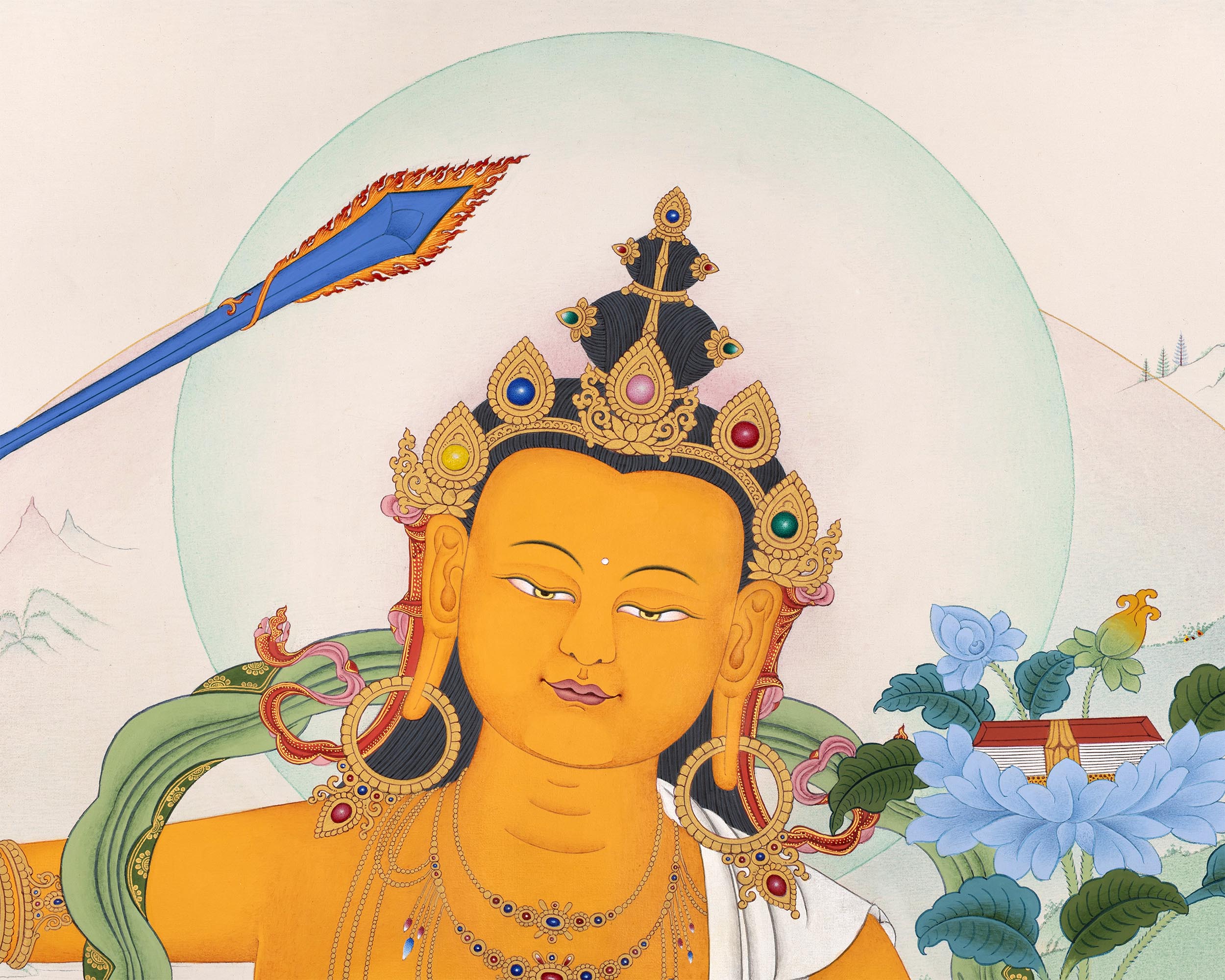 Manjushri Bodhisattva of Wisdom Thangka Print | Buddhist Painting For Living Room Decor