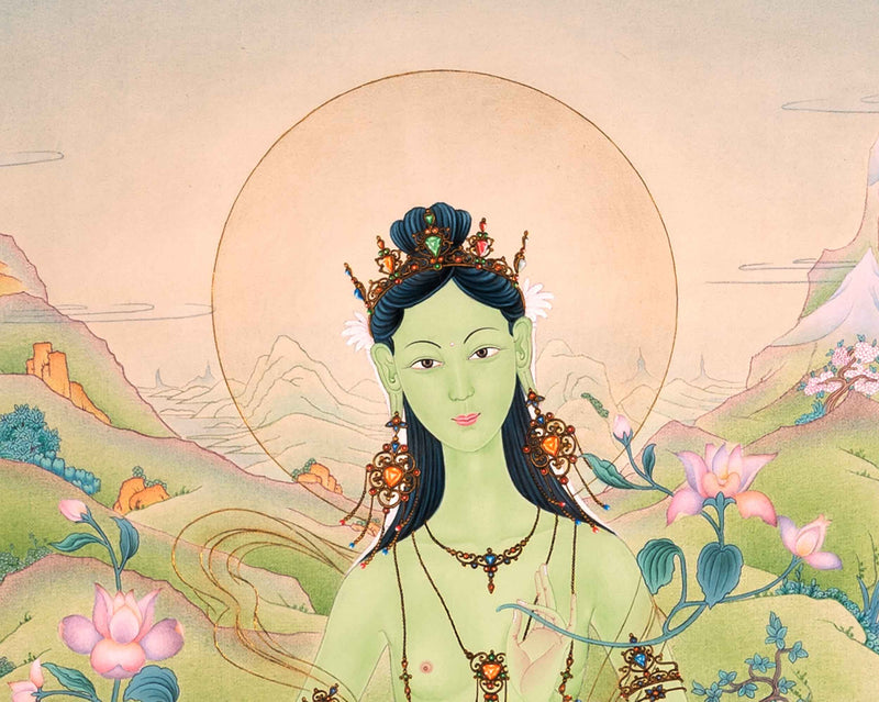 Green Tara Goddess Thangka | Hand-Painted Mother Tara Thangka For Mindfulness