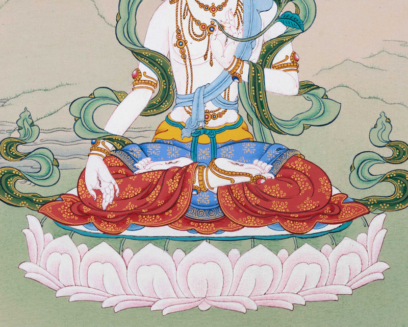 Thangka Of The Goddess of Compassion | Hand Painted White Tara Art | Spiritual Wall Decoration