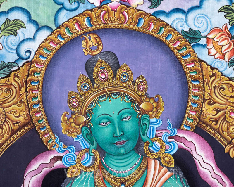 Green Tara Buddha Goddess High-Quality Giclee Print | Traditional Nepali Deity Art For Spiritual Room Decor