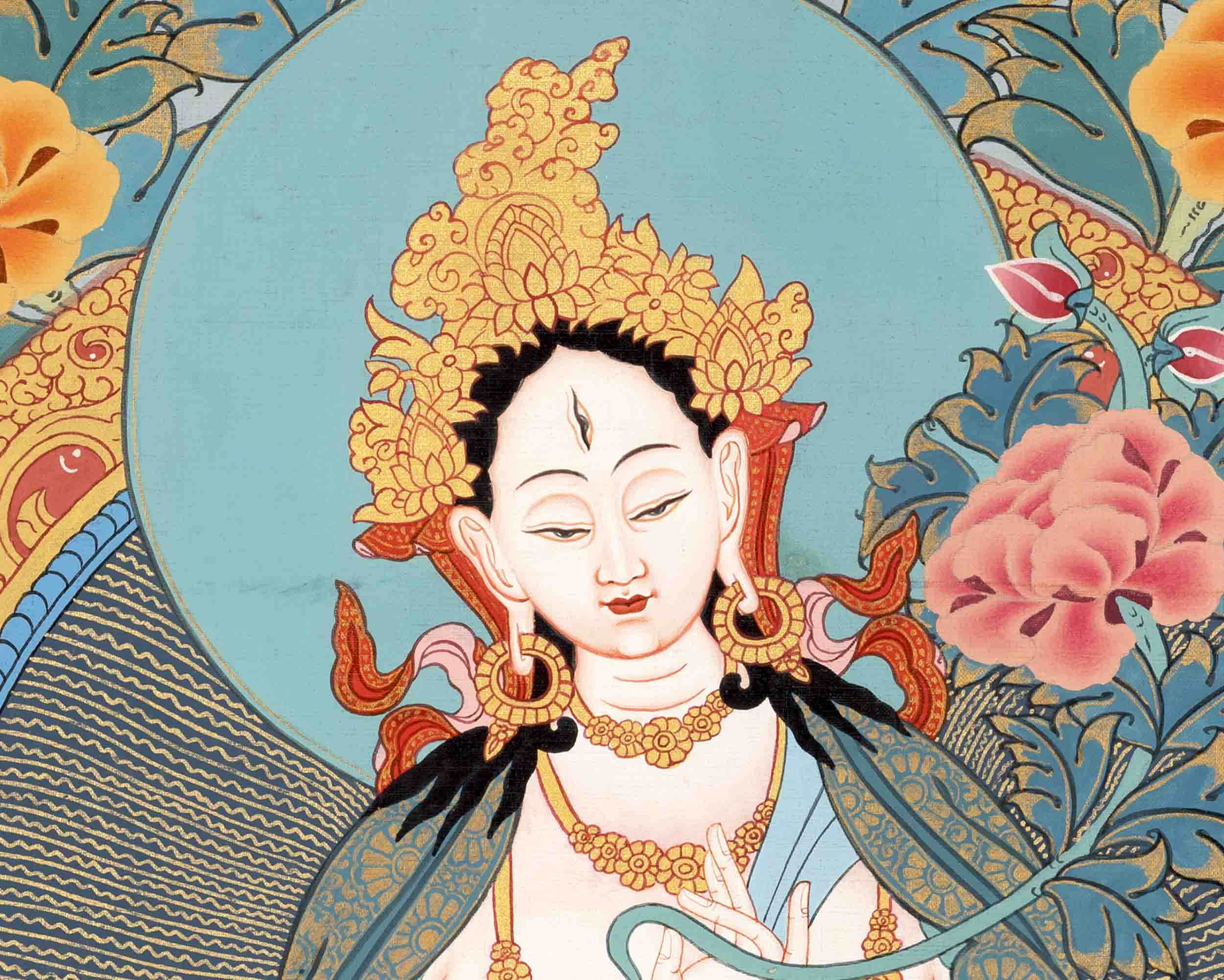 Hand-Painted White Thangka | Buddhist Tara Thangka