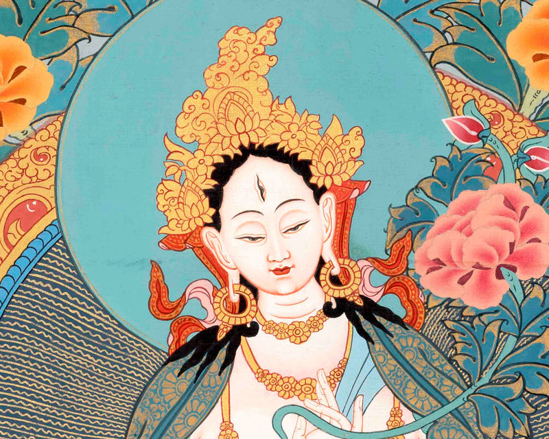 Hand-Painted White Thangka | Buddhist Tara Thangka