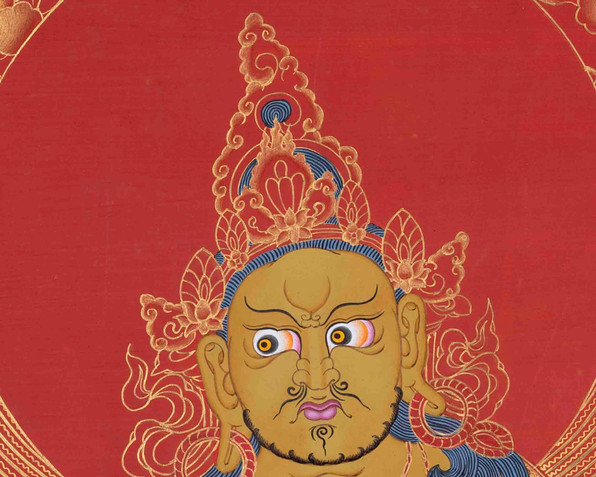 Red And Gold Painted Dzambala Thangka | Hand-Painted Deity Of Wealth