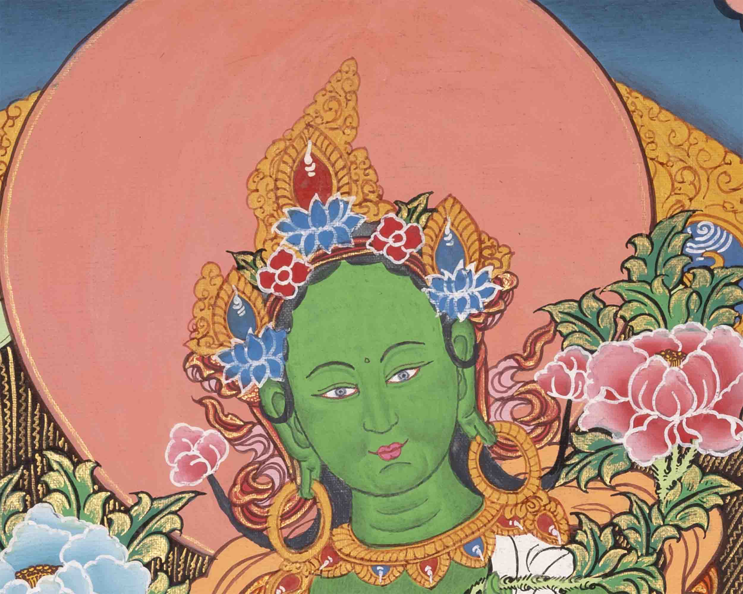 Green Tara Thangka | Traditional Tibetan Art | Religious Wall Decor