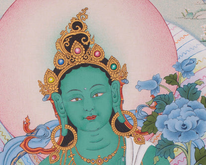 Green Tara with Buddhas and Bodhisattvas | Traditional Tibetan Thangka Print