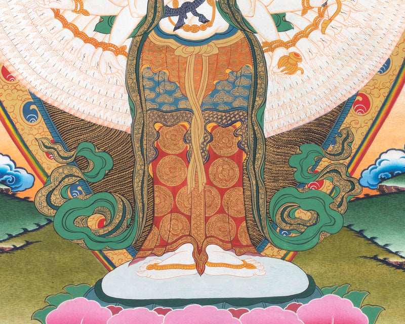 1000 Armed Chenrezig Thangka Print Surrounded by Celestial Deities | Traditional Buddhist Artwork