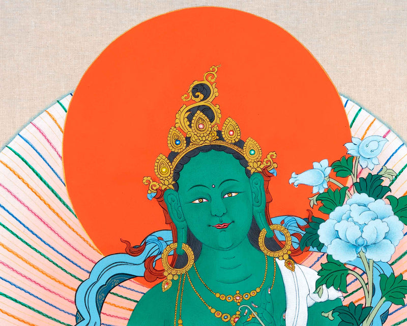 Traditionally Hand-Painted Thangka For Green Tara Yoga Practice | Himalayan Mother Tara Art On Cotton Canvas