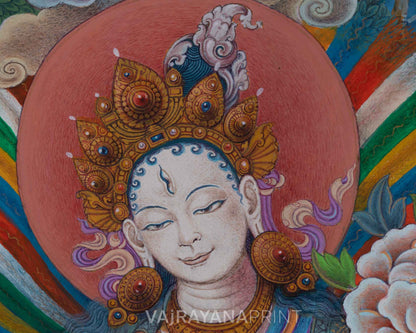 White Tara Goddess Buddhism Thangka Print For Prayers | The Female Buddha Art Canvas