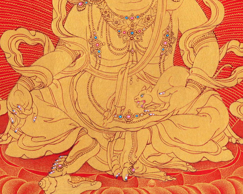 Hand-Painted Himalayan Thangka For Jambhala Mantra Practice | Traditional Wealth Deity Artwork