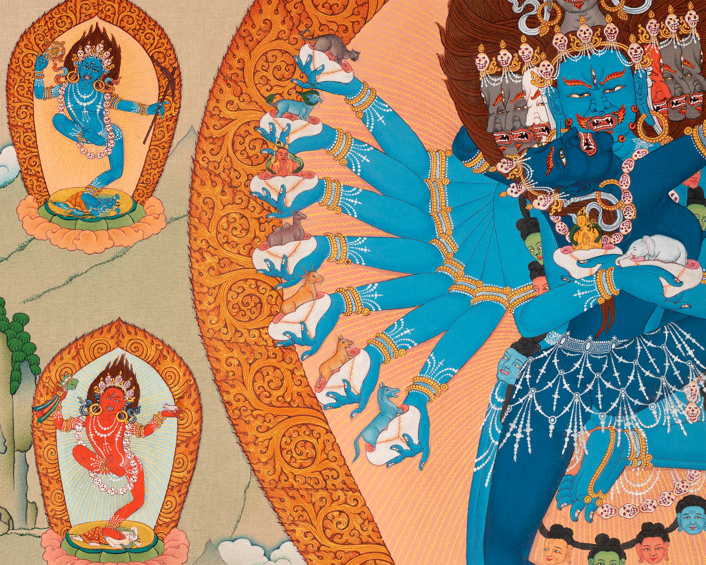 Hevajra with Vajra Nairatmya and the 8 Dakinis, Tibetan Thangka Painting