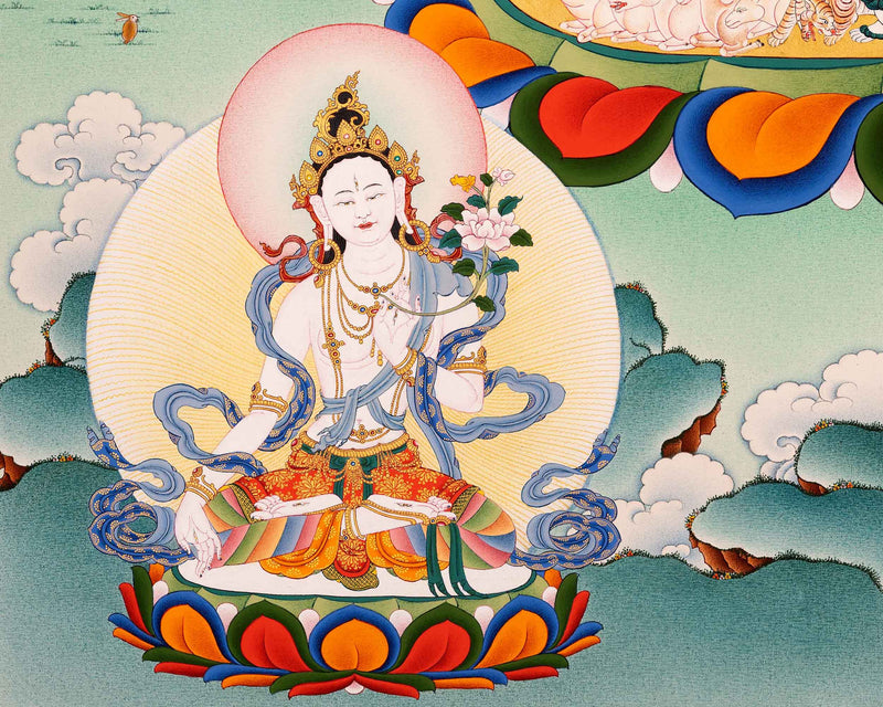 Sitatapatra Thangka Print with Green Tara, White Tara and Chenrezig