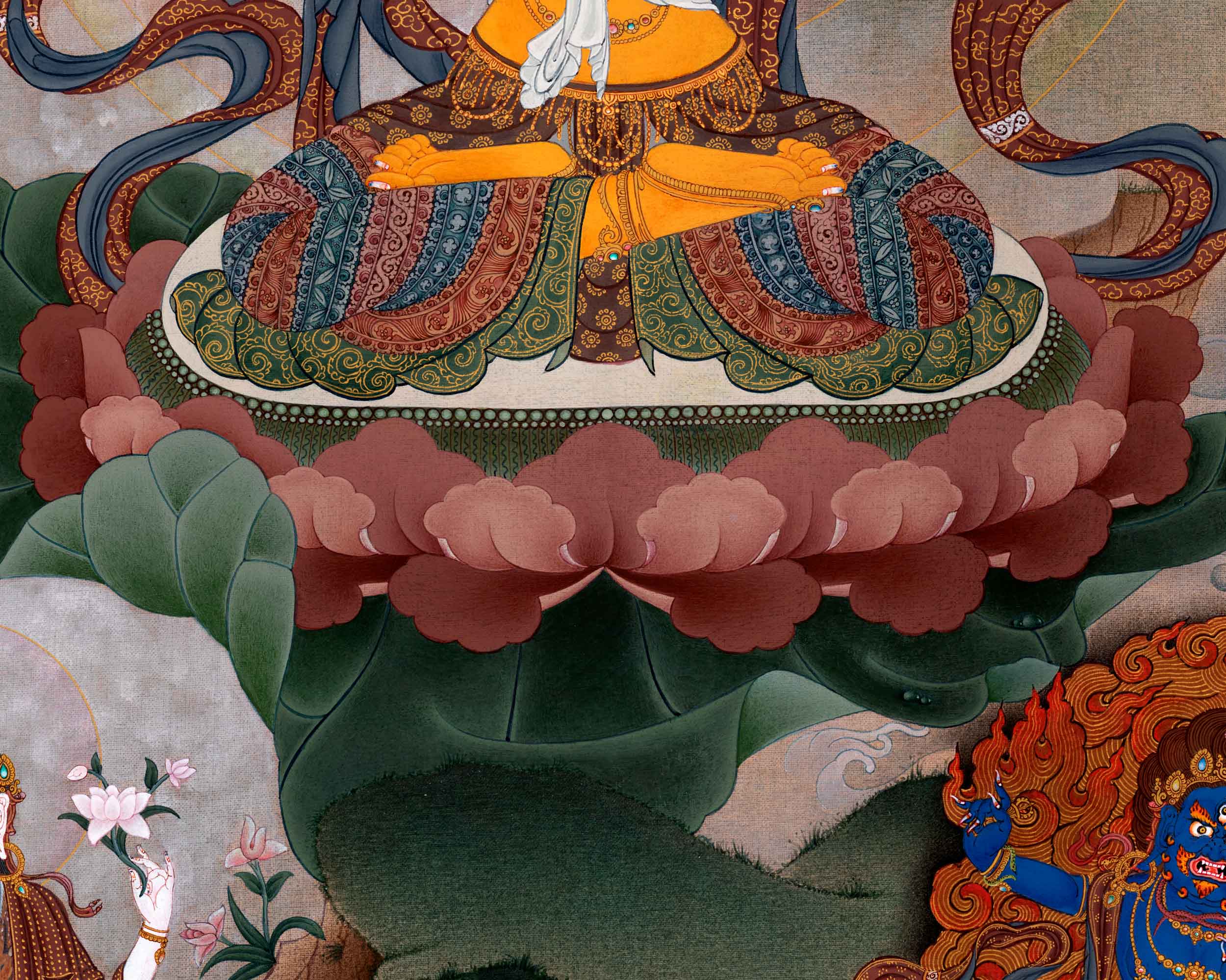 Manjushri with Chenrezig and Vajrapani Thangka | Hand Painted Artwork of Traditional Buddhism | Meditation Art