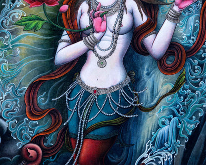 Ganga Goddess Giclee Print For Prayers | Traditional Newari Paubha Art Prints For Wall Hanging