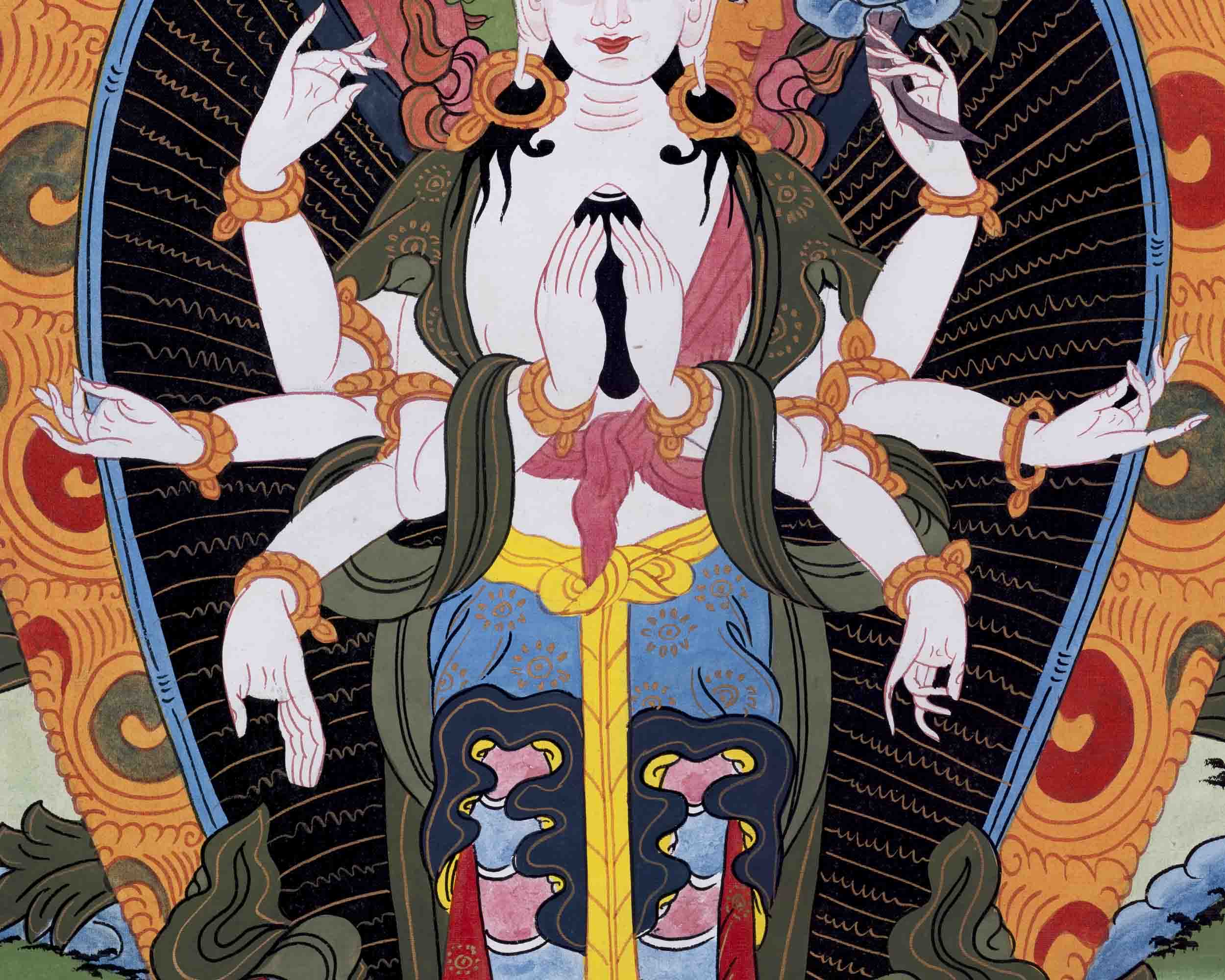 Old Avalokiteshvara Thangka | Followed By Mahakala & Bodhisattvas | Wall Decors