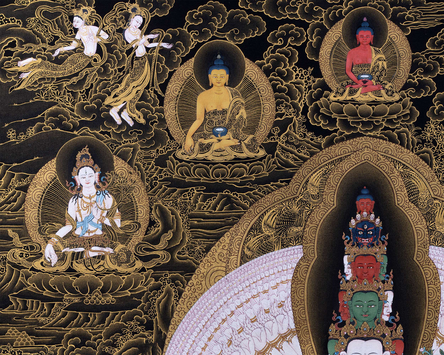 1000 Armed Chenrezig With Guru Rinpoche And Others | Tibetan Thangka Painting